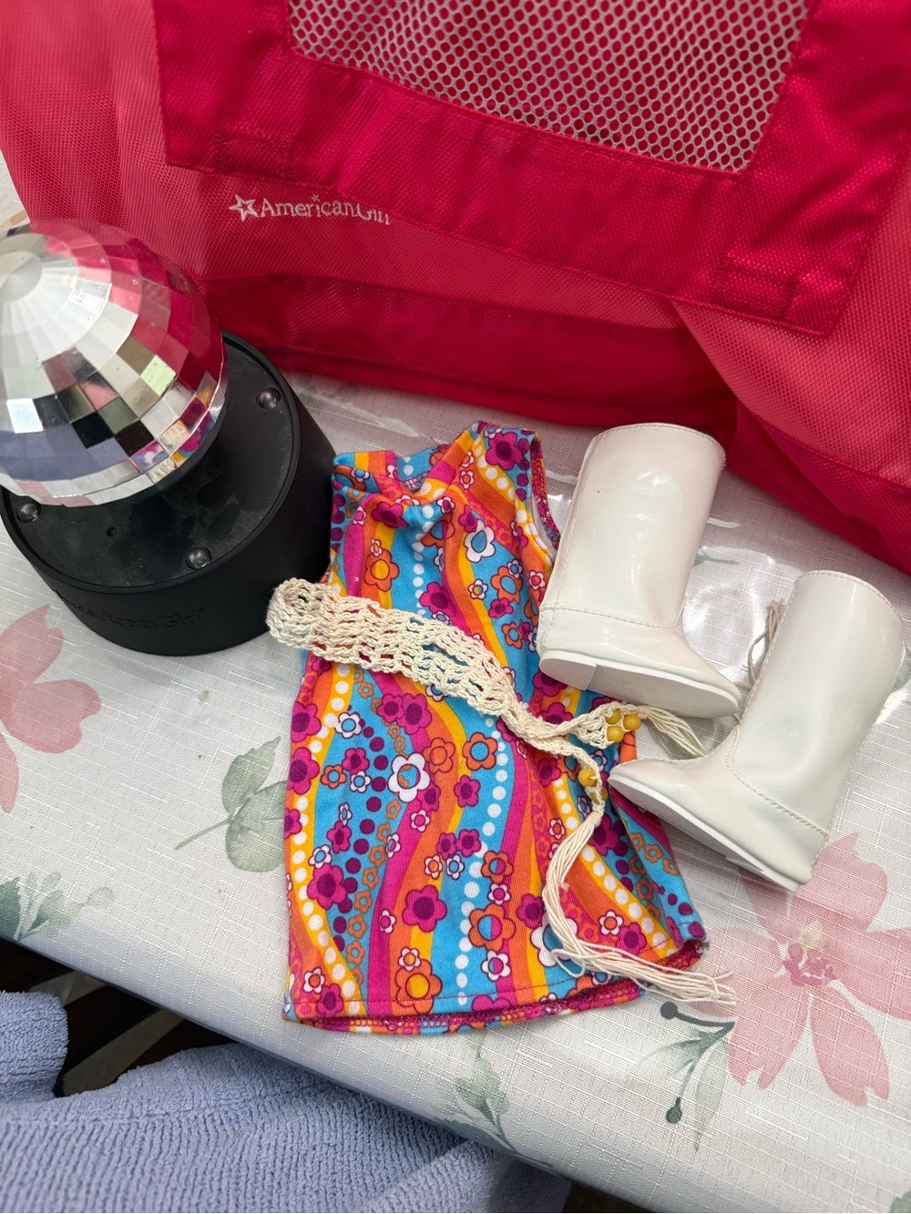 American Girl Pink Disco Dress & White Boots Set Julie’s Dance Set